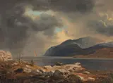 Norwegische Fjordlandschaft mit Regenbogen by Andreas Achenbach, Öl auf Papier, auf Leinwand aufgezogen, sold May 2014
