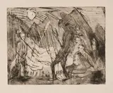 Ernst Ludwig Kirchner, 1.-August-Feuer, 1920, Radierung, Kaltnadel und Flächenätzung auf schwerem Papier (Prägestempel: UTO BLOTTING)