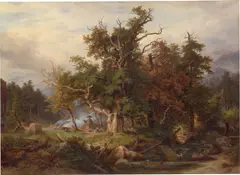 Friedrich Preller d. Ä., Thüringer Waldlandschaft mit Köhlerhütte, 1842, Öl auf Leinwand