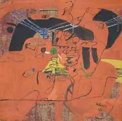 Heimrad Prem, o. T.“ („Bewegte Spuren“), 1965, Öl auf Rupfen