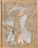 Gerhard Hoehme, tänzelnd, 1964, Schnittmusterkasten: Acryl, Tusche und Farbstift auf Schnittmuster, PVC-Schnüre, Gaze