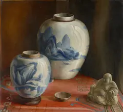 Emil Orlík, Stillleben mit chinesischen Deckelvasen und kleinem Buddha, Öl auf Leinwand