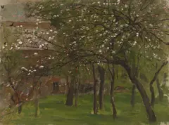 Johann Sperl, Blühende Obstbäume. (Vor) 1884, Öl auf Leinwand auf Karton