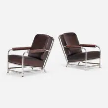 attribution Donald Deskey, Lounge chairs, pair, c. 1930, leather, chrome-plated steel