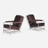 attribution Donald Deskey, Lounge chairs, pair, c. 1930, leather, chrome-plated steel