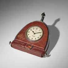 Jaeger-LeCoultre for Hermès, Stirrup table clock, c. 1945, leather, aluminum, steel, glass