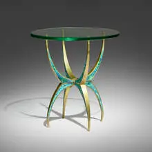 Occasional table by Pepe Mendoza, c. 1958, brass, ceramic inlay, glass, sold Mar 2024