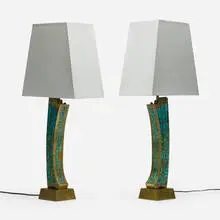 Table lamps, pair by Pepe Mendoza, 1958, ceramic inlaid brass, silk, sold Mar 2024