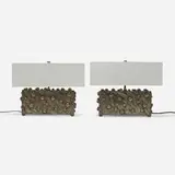 Lika Moore for Blackman Cruz Workshop, Studded table lamps, pair, 2001, silver nitrate patinated bronze, silk, fabric