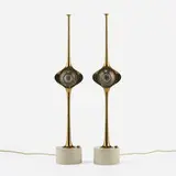 Angelo Lelii, Cobra table lamps model 12919, pair, c. 1962, brass, enameled steel, patinated steel