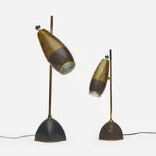 Oscar Torlasco, Table lamp, model 577, c. 1965, brass, enameled brass, crackle-lacquered metal