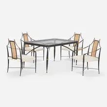 Arturo Pani, Dining set, c. 1961, lacquered iron, painted wood, glass, brass, rattan, cotton upholstery