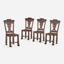 Mayan Revival, Chairs, set of four, c. 1930, painted and hand-carved cedar, tooled leather