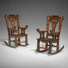 Mayan Revival, Rocking chairs, pair, c. 1930, hand-carved cedar, tooled leather