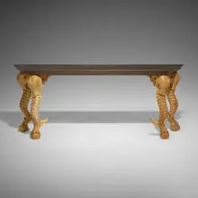Mike Diaz, Brasini console table, c. 2020, hammered copper, carved wood