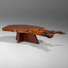 George Nakashima, Exceptional Arlyn coffee table, 1979, redwood root burl, redwood
