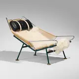Hans J. Wegner, Early Flag Halyard lounge chair, c. 1960, matte chrome-plated steel, painted steel, flag line, sheepskin, leather, canvas, stained wood