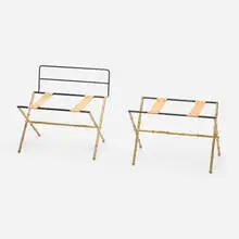Jacques Adnet, Luggage stands, set of two, c. 1950, brass, painted steel, canvas straps
