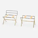 Jacques Adnet, Luggage stands, set of two, c. 1950, brass, painted steel, canvas straps