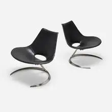 Scimitar chairs, pair by Preben Fabricius and Jørgen Kastholm, 1962, leather upholstery, stainless steel, sold Dec 2025