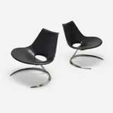 Scimitar chairs, pair by Preben Fabricius and Jørgen Kastholm, 1962, leather upholstery, stainless steel, sold Dec 2025