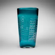 Paolo Venini, Mosaico Zanfirico vase, model 3858, 1954, transparent blue glass with alternating lattimo canes