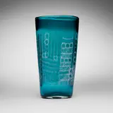 Paolo Venini, Mosaico Zanfirico vase, model 3858, 1954, transparent blue glass with alternating lattimo canes