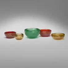 Bollicine bowls, set of five by Carlo Scarpa, c. 1935, bollicine glass, sold Dec 2025