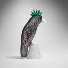 Pappagallo, model 2763 by Fulvio Bianconi, c. 1953, glass with lattimo filigree canes and pasta vitrea applications, sold Dec 2025