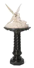 Antonio Canova, late 19th century carved alabaster figural group of Cupid and Psyche raised on a revolving serpentine marble pedestal, alabaster