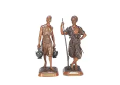 Marcel Debut, near pair of patinated bronze figures of an Arab warrior and a young Arab water carrier, patinated bronze