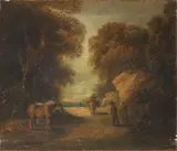 Thomas Barker, Travellers on a country path; and A figure on horseback crossing a stream with a dog, a pair, oil on canvas