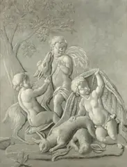 Jacob de Wit, Putti fishing; Putti blowing bubbles; Putti frolicking; and Putti with hunting spoils, four of a set, oil on canvas, en grisaille