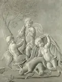 Jacob de Wit, Putti fishing; Putti blowing bubbles; Putti frolicking; and Putti with hunting spoils, four of a set, oil on canvas, en grisaille