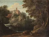 Paolo Anesi, An Italianate landscape with figures fishing, oil on canvas