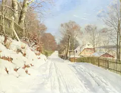 Harald Pryn, Winter landscape with a Danish homestead, oil on canvas