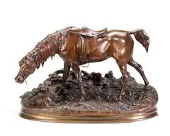 Pierre-Jules Mêne, patinated bronze equestrian model of 'Grand Jument De Chasse Avec Petit Chien Griffon', patinated bronze