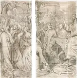 Deutsch, um 1840 & 50, Einzug in Jerusalem am Palmsonntag (Zweiteilig), Um 1840, Jeweils schwarze Kreide, laviert, auf Papier (aus mehreren Blättern zusammengesetzt), auf Leinwand aufgezogen