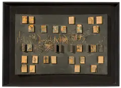Adolf Luther, Materialisation, Um 1960, Objektkasten aus Holz und Acrylglas mit Assemblage aus Streichholzschachteln und Streichhölzern