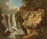 Christian Wilhelm Ernst Dietrich, Landschaft mit Wasserfall und zwei Wanderern, Öl auf Leinwand