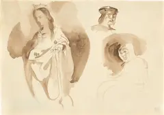 Eugène Delacroix, Kopfstudie zur Lithografie „Macbeth befragt die Hexen“ (und weiteren Studie), Um 1825, Pinsel in Braun über Bleistift auf Papier