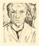 Max Beckmann, Selbstbildnis von vorn, im Hintergrund Hausgiebel, 1918, Kaltnadel auf Velin