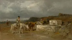 Wallache an einer Tränke by Adolf Schreyer, Öl auf Leinwand, sold Dec 2020