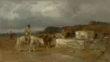 Adolf Schreyer, Wallache an einer Tränke, Öl auf Leinwand