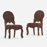 Burmese, Carved side chairs, pair, walnut, leather