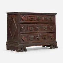 Tuscan, Secretary cabinet, stained pine, burl veneer, brass, iron