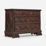 Tuscan, Secretary cabinet, stained pine, burl veneer, brass, iron