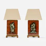 Karin van Leyden, Table lamps, pair, c. 1940, verre églomisé, painted wood, silk