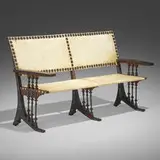 Carlo Bugatti, Bench, c. 1906, Italian walnut, pewter, copper, vellum, white metal inlay