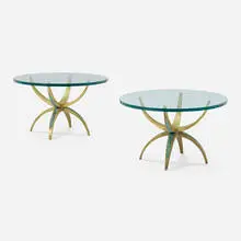 Pepe Mendoza, Occasional tables, pair, c. 1958, brass, ceramic inlay, glass